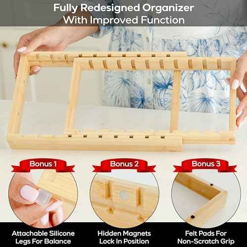 Pot and Pan Organizer for Under Cabinet – Bamboo Pot Lid Organizer for Cabinet with Magnetic Lock, Expandable 2-in-1, Adjustable Dividers, Non-Slip Base for Cutting Boards, Cookie Sheets, Bakeware