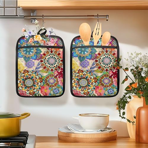 Boho Floral Oven Mitts and Pot Holders Set