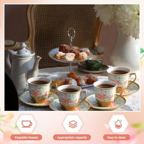 6 Pcs Green 3 oz Vintage Floral Tea Cup Set, Porcelain Gold Rim