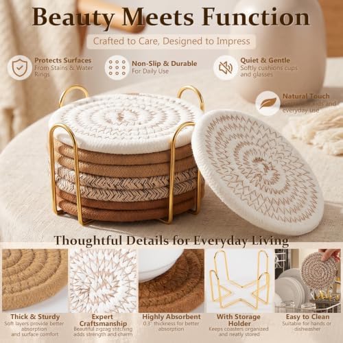 OIAHOMY 8 Pcs Coasters with Holder for Beer, Coffee, Woven Cotton