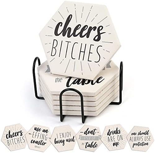 LotFancy Funny Drink Coasters with Holder, 6PCS Absorbent Ceramic