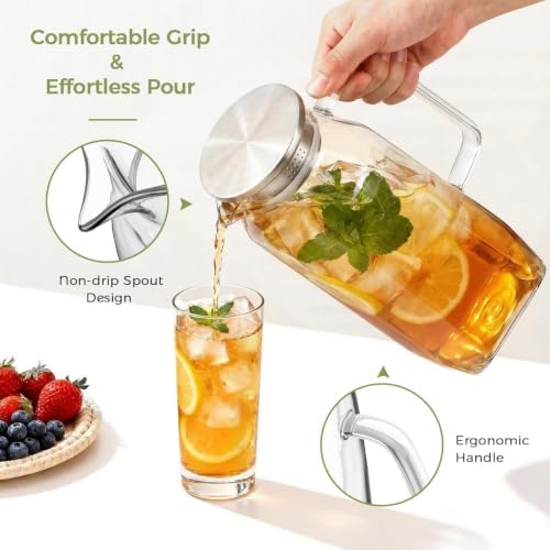 2 Pack Glass Pitcher with Lid and Handle for Fridge, Iced Tea and