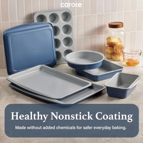 Carote 7Pieces Baking Pans Set Nonstick, Premium Carbon Steel Non Toxic Stackable Bakeware Sets for Kitchen, Scratch-Resistant, Oven Bake Sheets for Baking, Cake Pan, Roasting Pan, Muffin Pan, Blue