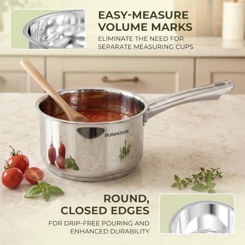 SUNHOUSE 3 QT Stainless Steel Sauce Pan with Lid, Small Pot for