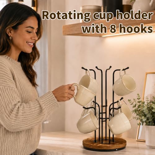 360° Rotating Large Coffee Mug Tree with 8 Hooks, Mug Tree Stand