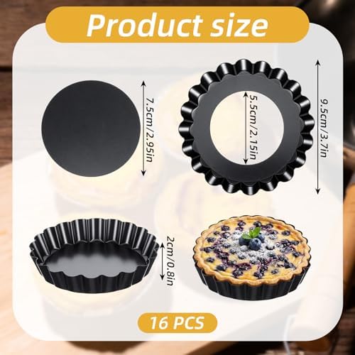 16 Pcs Mini Tart Pans with Removable Bottom, 4 Inch Nonstick Carbon