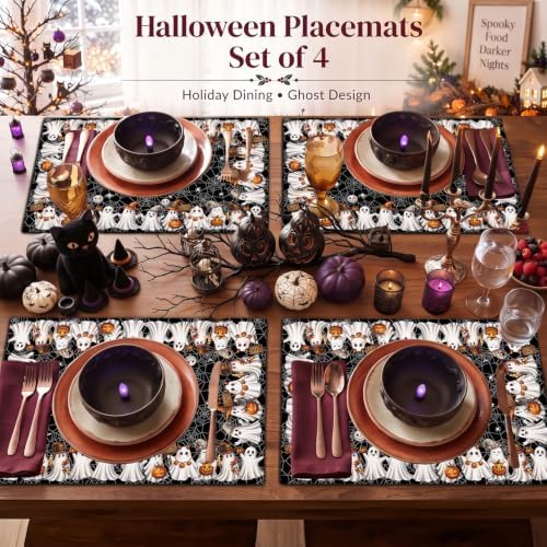 Double Sided Fall and Halloween Linen Placemats Set of 4, 12"x18"