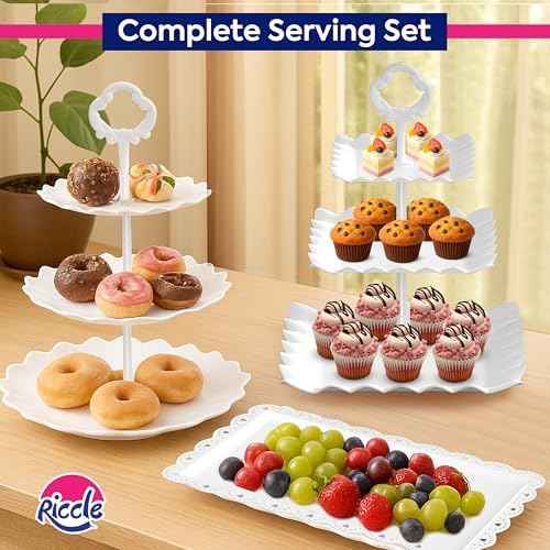 RICCLE 10Pc Dessert Table Display Set, 3 Tiered Cupcake Stand & Cake