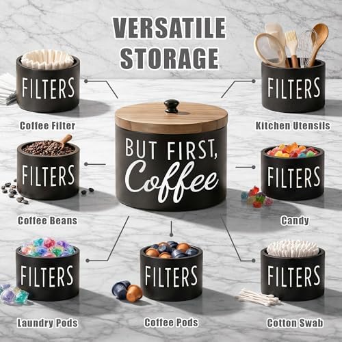 Coffee Filter Holder with Wood Lid, Matte Black Farmhouse Canister