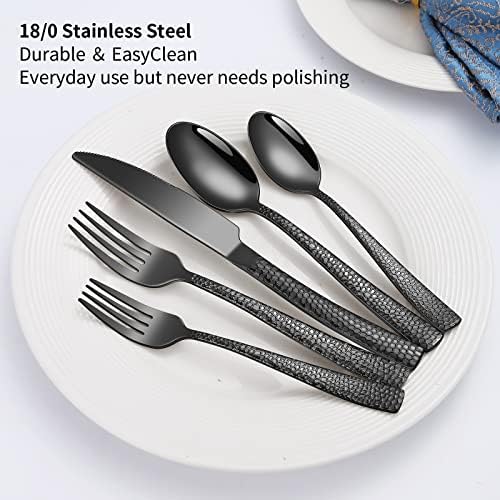 20-Piece Black Silverware Set, Stainless Steel Hammered Flatware Set
