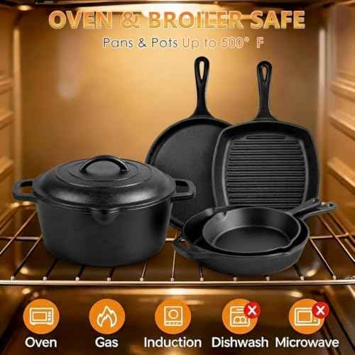 6 Piece Pre-seasoned Cast Iron Cookware Set with Dutch Oven, Skillets