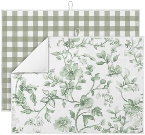 Domensi 2 Pack Gingham Sage Green Dish Drying Mat Floral Microfiber
