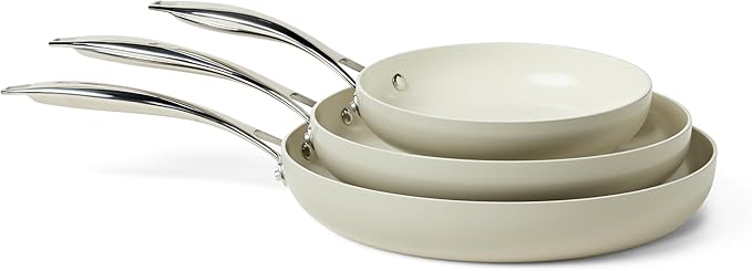 Amazon Basics Ceramic Nonstick Cookware, 3-Piece Set of Frying Pans, All by AmazonBasics