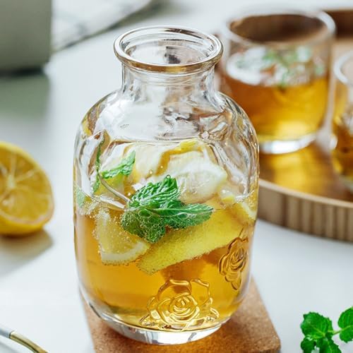 Bedside Water Carafe Set, 15 oz Clear Floral Glass with Tumbler Lid