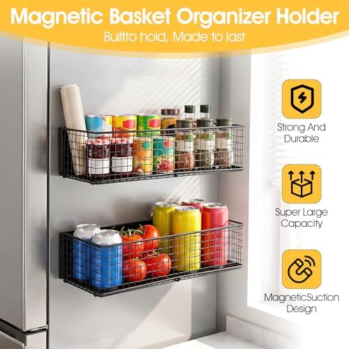 2 Pack Magnetic Basket Organizer Holder for Fridge, Black