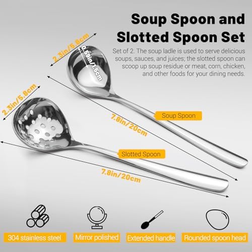 2Pcs Small Ladle and Slotted Spoon, Heavy Duty 304 Stainless Steel