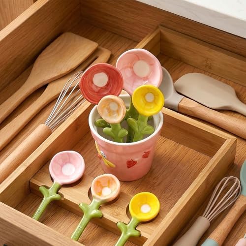 5 Set Ceramic Flower Measuring Spoons with Pot Holder