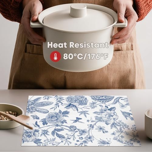 Artoid Mode Blue Floral Brids Spring Vinyl Placemats Set of 4