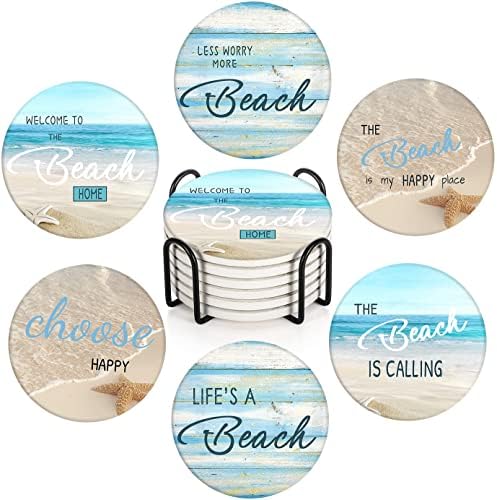 Britimes Coasters for Drinks, Set of 6, Ceramic Stone, Beach Teal