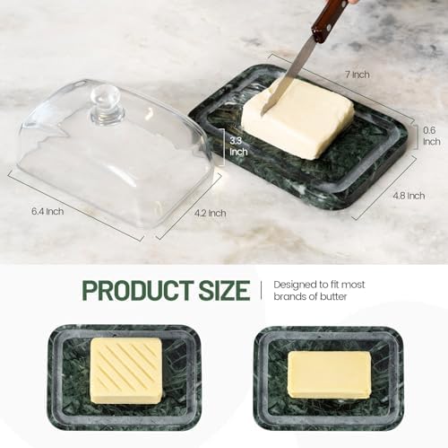 Koville Green Marble Butter Dish with Glass Lid for Countertop and