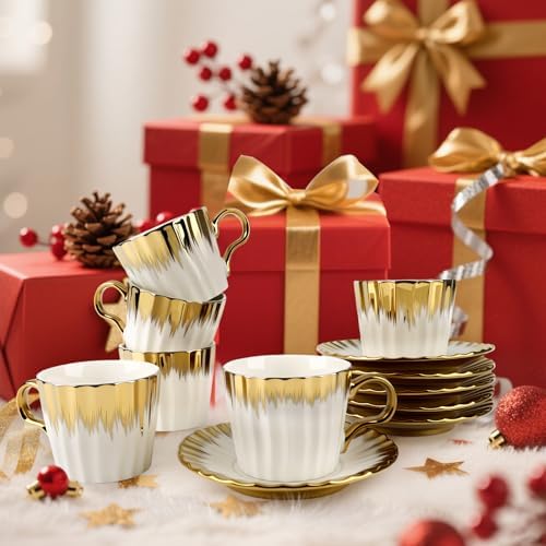 Coffee Cup Set of 6 with Saucers, 3.5 OZ Ceramic Espresso Cups, Deco