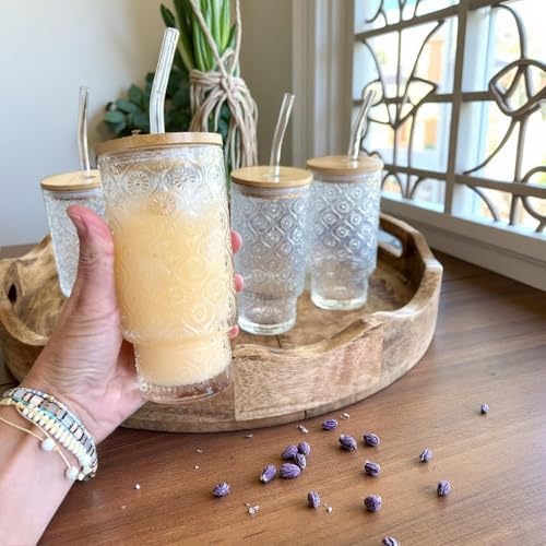 KUHNMARVIN 4Set Iced Coffee Glass Tumbler with Bamboo Lid and Glass