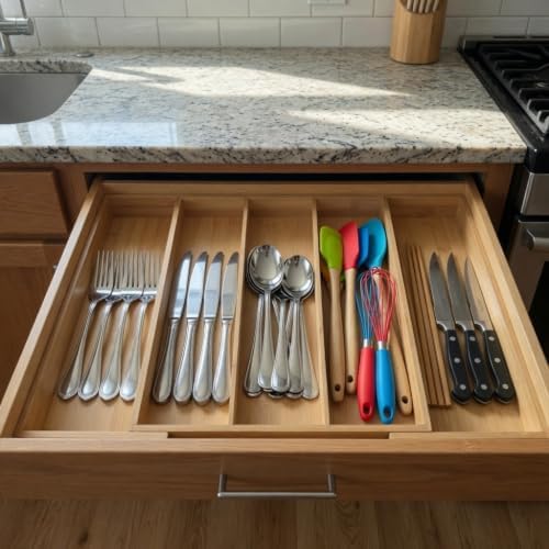 Expandable Bamboo Silverware Drawer Organizer, Adjustable Cutlery Tray
