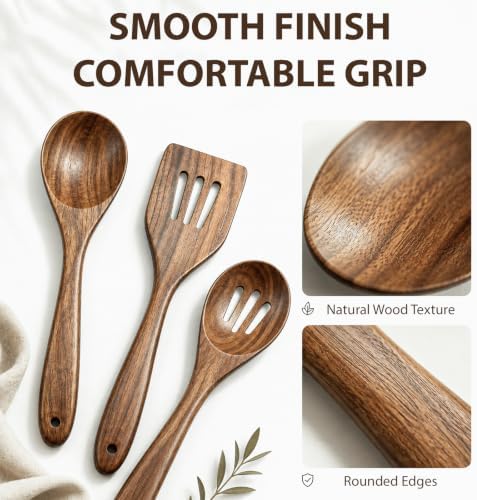 KITEISCAT Acacia Wooden Spoons for Cooking: 5-Piece Kitchen & Cooking