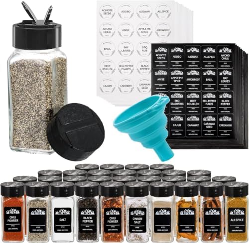 30 Pack Glass Spice Jars Square Glass Bottles with Black Caps, 4Oz