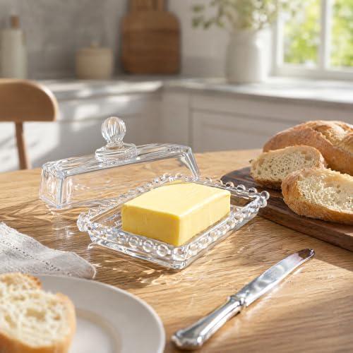 Clear Glass Butter Dish with Handled Lid, 6.5 Inch Classic Butter