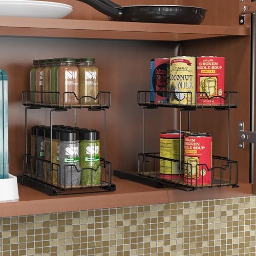 Simple Houseware 2-Tier Spice Rack Slide Out Wire Basket Drawer, Black