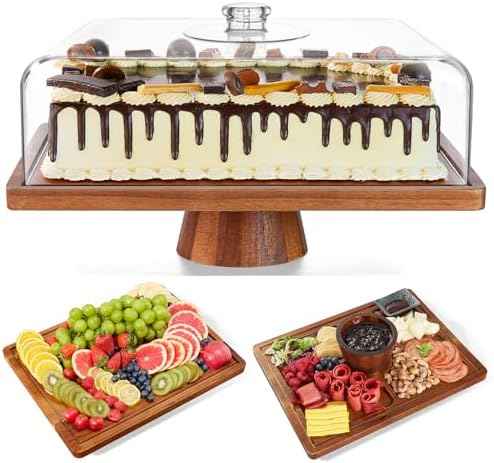 Acacia Wood Cake Stand with Lid,2-in-1 Large Rectangular Cake