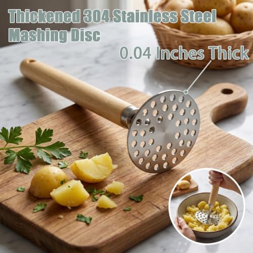 Potato Masher, 9in Wood Handle Stainless Steel Grid Masher Tool