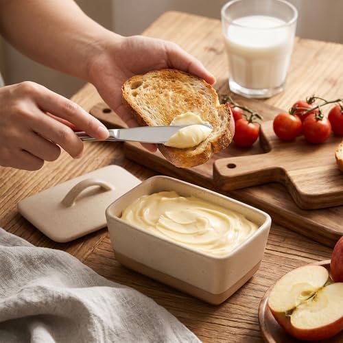 Beige Stoneware Vintage Butter Dish with Lid for Kitchen Countertop