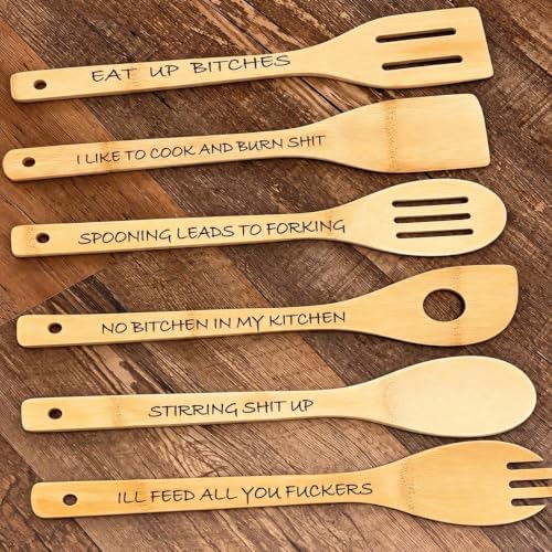 Cussing Cutlery Wooden Spoons for Cooking 6 Piece Bamboo Utensil Set