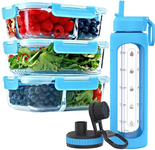 Glass Meal Prep Containers 35 oz & Glass Water Bottle Time Marker 32oz