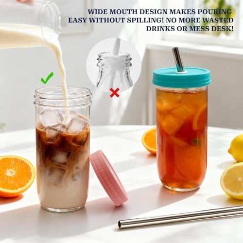 4 Pack Reusable Boba Cup 22OZ Wide Mouth Mason Jar Glass Drinking Cup