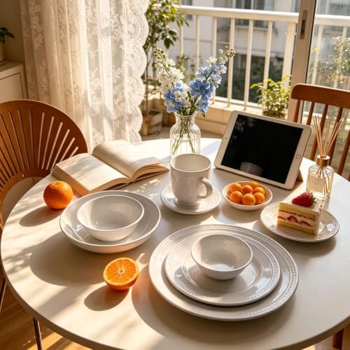 HomeVSS 56-Piece Pearl Dots Stoneware Dinnerware Set, White, Service for 8