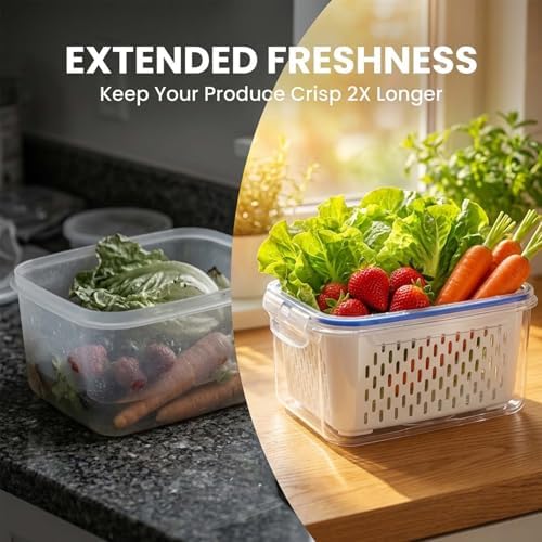 Fruit Storage Containers for Fridge with Removable Colander, Airtight