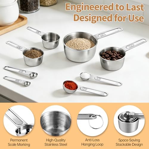YC Kitchen Measuring Cups and Spoons Set, 8-Piece, Stainless Steel
