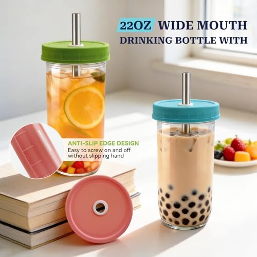 4 Pack Reusable Boba Cup 22OZ Wide Mouth Mason Jar Glass Drinking Cup