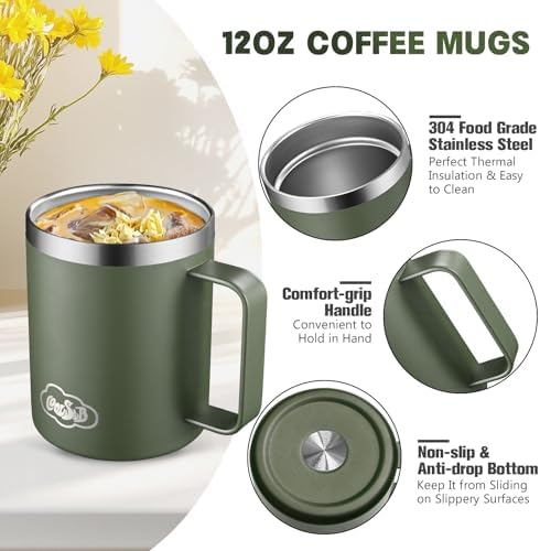 12oz Insulated Coffee Mug with Handle, Stainless Steel Wide Mouth