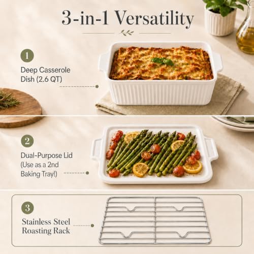 10 Inch Square Ceramic Baking Dish with Lid & Rack, Casserole Roaster