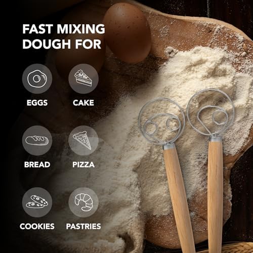 O'Creme Danish Dough Whisk Set of 2 Stainless Steel Wood Handle