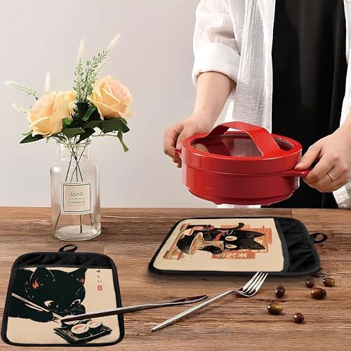 Japanese Sushi Ramen Black Cat Pot Holders, Set of 2
