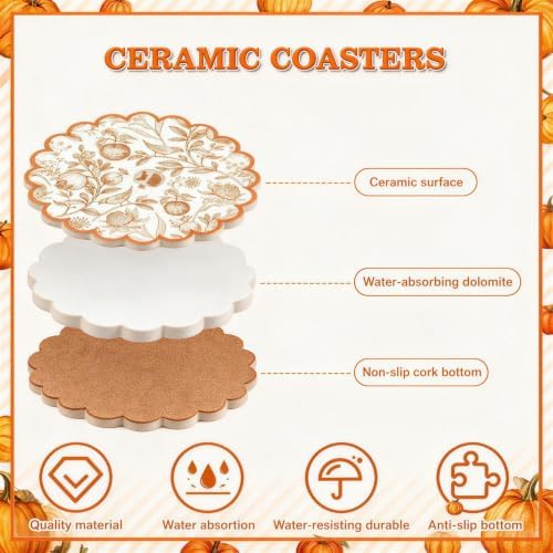 Fall Ceramic Drink Coasters Set 4 Scalloped Edge Flowers Birds Fruits