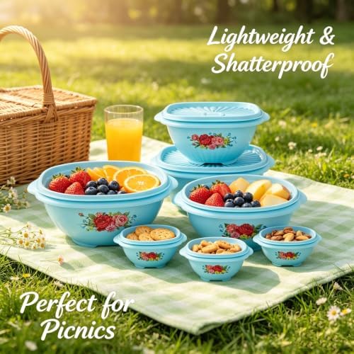8 Piece Nesting Plastic Bowl Set With Matching Lids, Teal, Multi-Size
