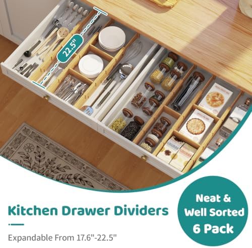 6 Pack Bamboo Drawer Dividers with Inserts, Kitchen Adjustable Drawer
