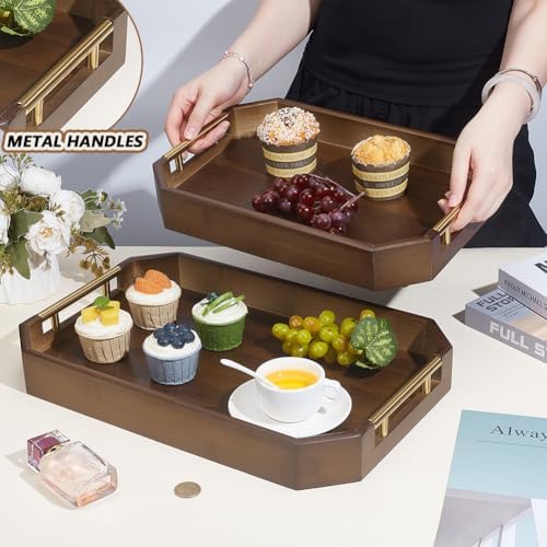 2pcs Wooden Serving Trays for Party with Metal Handles Octagonal