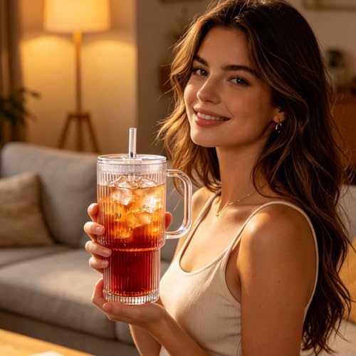 15oz Glass Cup With Lid And Straw, Reusable Iced Coffee Cup, Suitable